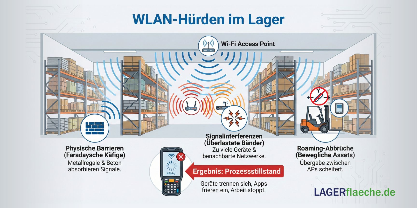 Infografik zu WLAN-Hürden in der Lagerlogistik: Darstellung von Signalblockaden durch Metallregale (Faradaysche Käfige), Interferenzen und Roaming-Abbrüchen bei mobilen Geräten, die zu Prozessstillstand führen.